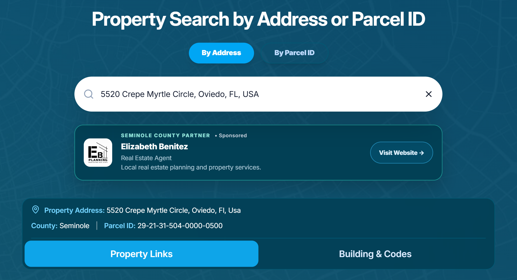 ZipMyParcel property search showing a Seminole County sponsored partner placement above property research links
