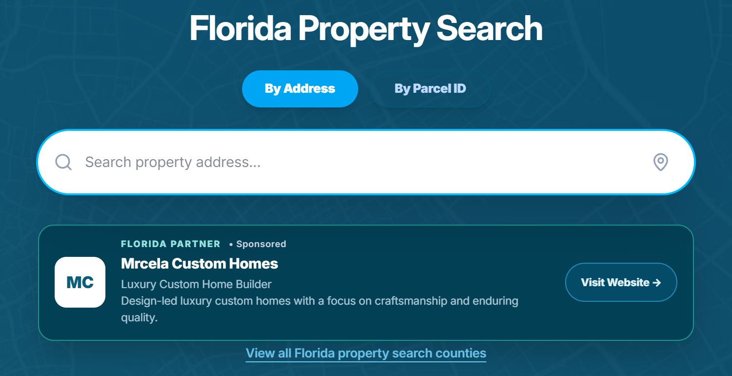 Florida Property Search page showing a Florida Partner sponsored placement for Mrcela Custom Homes